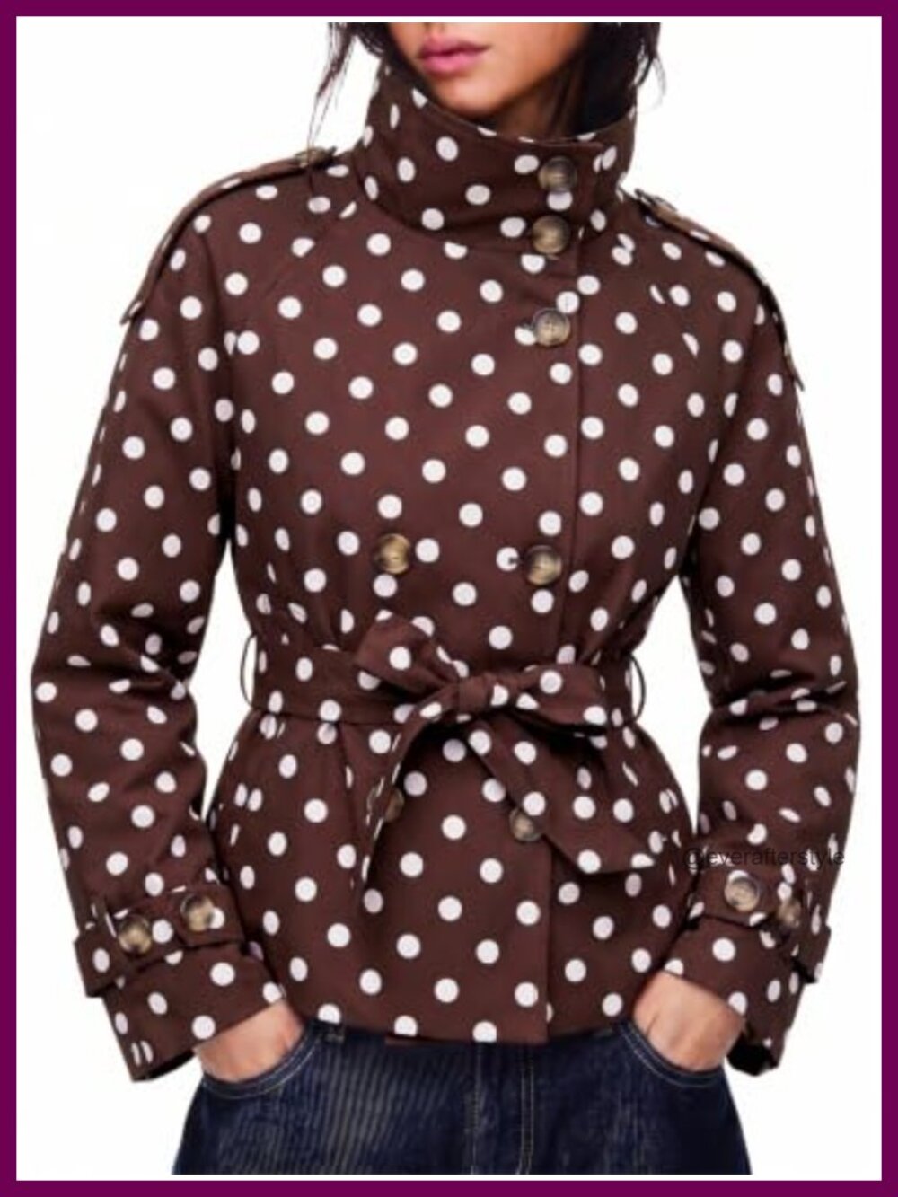 Cropped Polka Dot Trench Coat Stand Collar Button Front Belted Jacket